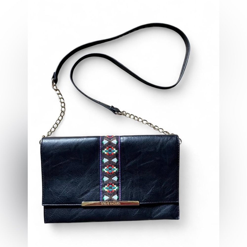 Steve Madden Black Crossbody Bag • Boho Embroidered Accent • Faux Leather Bag